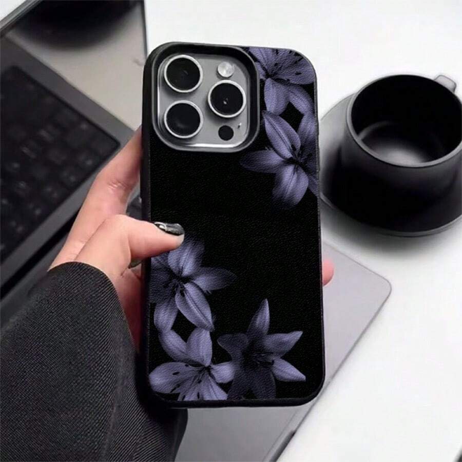 1pc TPU Material Cold Purple Dark Tone Lily Pattern Phone Case Compatible With IPhone 17 Pro Max/17/16 Pro Max/15/13/12/11/ S20 FE/A15/S24/A55/ Note 11/Note 12/Note 13 Pro Full Coverage Anti-Drop Soft Shell Protective Cover - Black - View 1