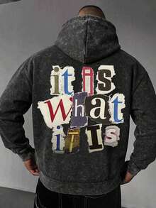 Men's Artistic English Back Print Distressed Washed Hoodie - Black - View 1