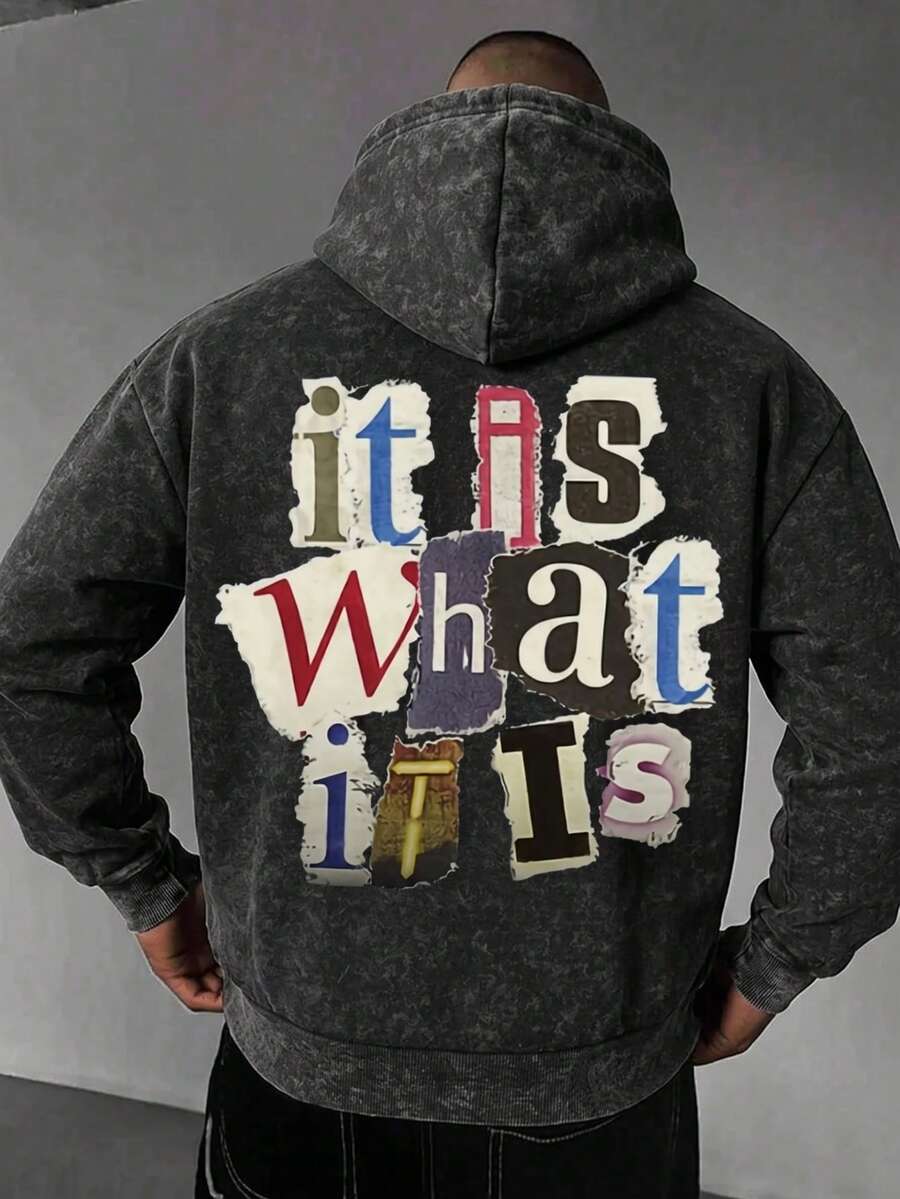 Men's Artistic English Back Print Distressed Washed Hoodie - Black - View 1