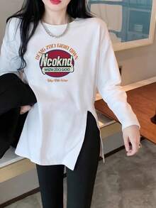 Ncoknd Slouchy Vintage Graphic Print Long Sleeve Top, Design Side Slit Flattering Long Length Casual Autumn T-Shirt - White - View 3