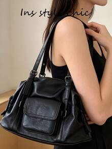 American Vintage Distressed Soft Leather Pillow Bag, Metal Buckle Adjustable Shoulder Strap, Front Pocket Design, Hot Girl Commuter Handheld Shoulder Boston Women's Bag - Black - View 6