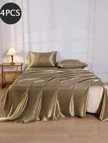 4pcs Gold Premium Solid Color Silk Satin Bed Sheet Set, 1pc Fitted Sheet & 1pc Flat Sheet & 2pcs Pillowcases Mattress Protector Set (Pillow Inserts Not Included) - Gold - View 2