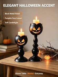 Halloween Pumpkin Face Metal Candle Holder Black Pedestal Candlestick No Candles Spooky Tabletop Decor For Mantel Shelf Party Home Desktop Holiday Gift - Multiple Styles - View 5