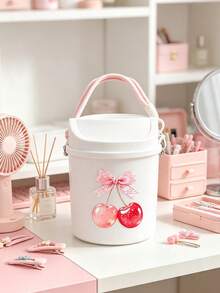 Cute Bowknot Cherry Print Swing Lid Car Trash Can, Kawaii Hanging Waste Bin, Multifunctional Desktop Sundry Storage Bucket, Makeup Brush Holder, Portable Organizer Container For Vehicle Interior Decor - A - View 1