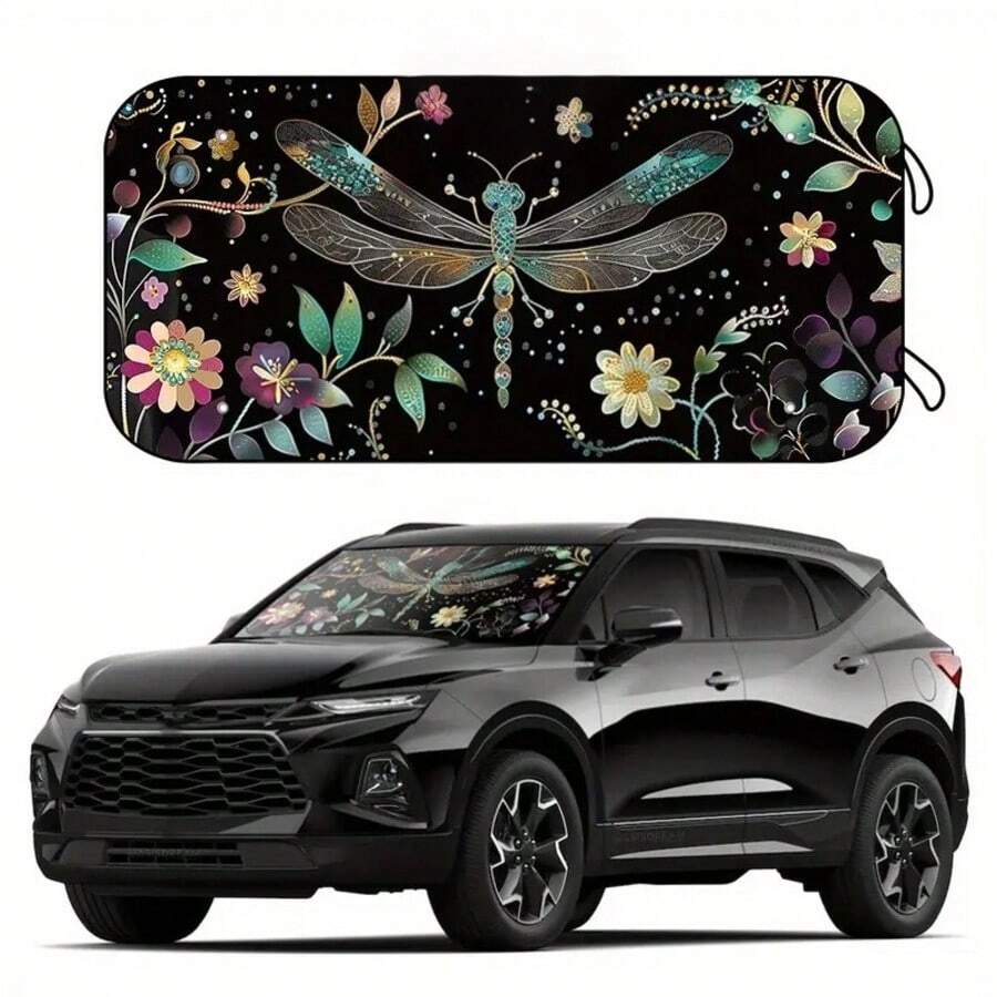 1pc Beautiful Dragonfly Car Sunshade, Made Of Polyester Fiber, Durable 190T Material Blocks UV Rays And Heat Protection For Car Interior, Suitable For Various Car Models Front Windshield, With Heat Insulation And Privacy Protection Function, Keeps Your Car Cool, Foldable For Easy Storage
