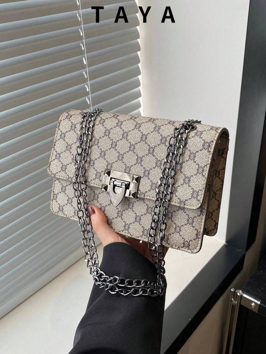 Retro Fashion Printed Mini Square Bag, Metal Buckle Flap Closure, Minimalist Metal Chain Shoulder Bag, Suitable For Women's Daily Use