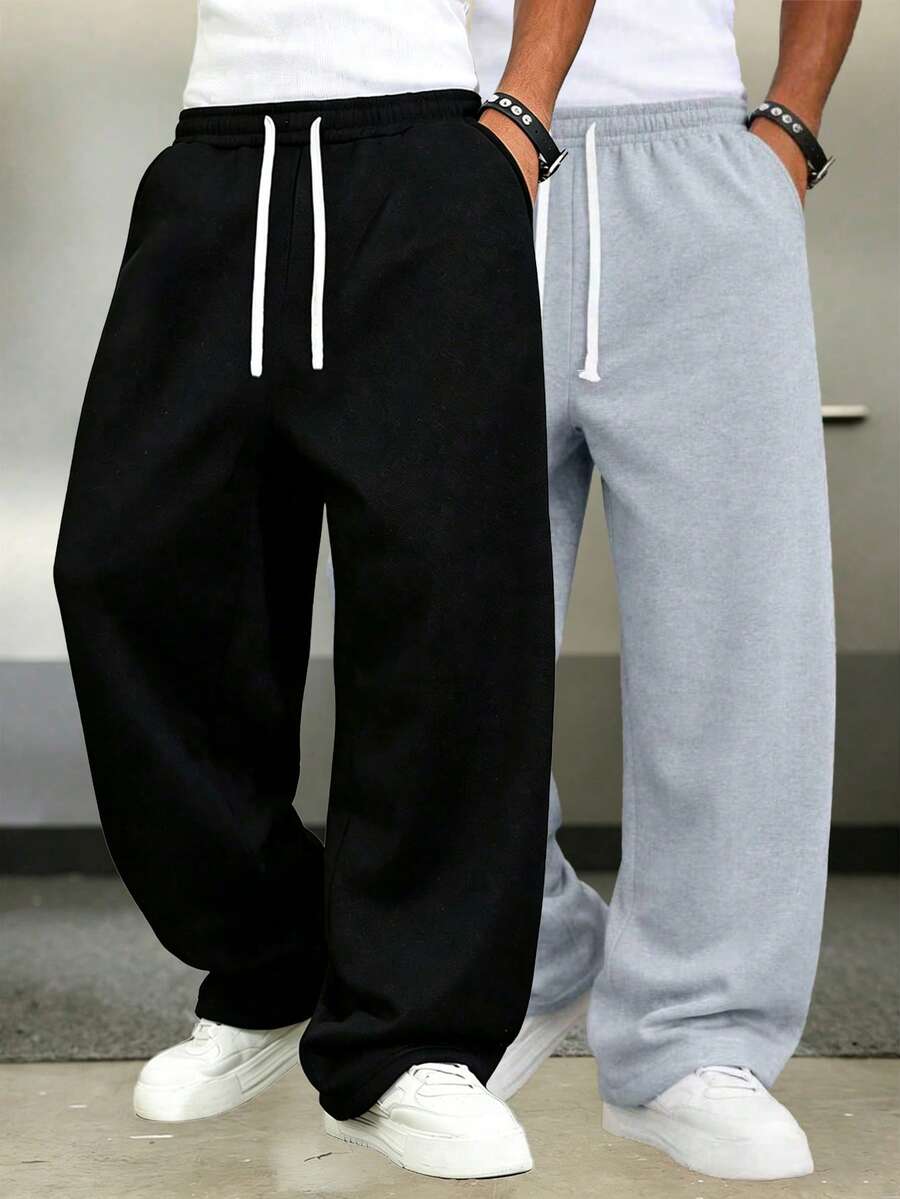 男士春秋運動長褲,純色街頭風百搭直筒休閒長褲,跑步健身戶外長褲,黑色秋季 - 黑色 - 查看 1
