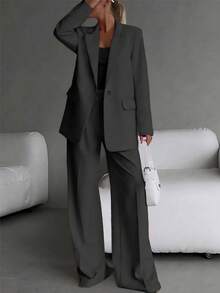 Women Oversized Lapel Blazer & High Waist Wide Leg Pants 2 Pieces Suit Set, Elegant Loose Business Casual Matching Outfit - Dark Grey - View 3