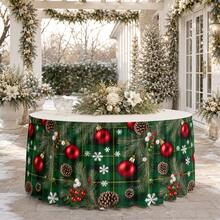 1pc Christmas Table Skirt/Tablecloth With Branches, Red Balls, Pinecones, Snowflakes, Holiday Atmosphere, Cozy Winter Christmas Party - A - View 6