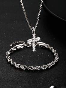 2pcs/Set Hip Hop Iced Out Rhinestone Cross Pendant Twist Rope Chain Necklace Bracelet Streetwear Jewelry For Boys Party Daily Wear Gift - Multicolor - View 8