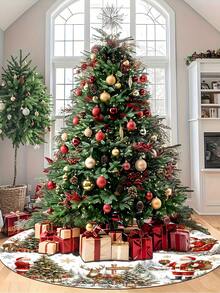 1/100Pcs Christmas Theme Christmas Tree Skirt, Christmas Snowman & Reindeer Theme, Round Base, Diameter 60/90CM Optional; Suitable For Winter Party And Home Holiday Decoration, Ideal Christmas Tree Decor. - Multicolor - View 6