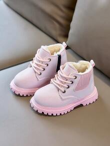 Autumn/Winter New Children's Thermal-Lined Boots, Cute Pink Side Zipper Anti-Slip Thick Sole Warm Ankle Boots For Girls - Pink - View 2