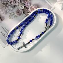 手工 59 顆藍色珠子天主教玫瑰念珠項鍊，附十字架吊墜，女性信仰珠寶禮物，適合祈禱冥想 - 藍色 - 查看 8