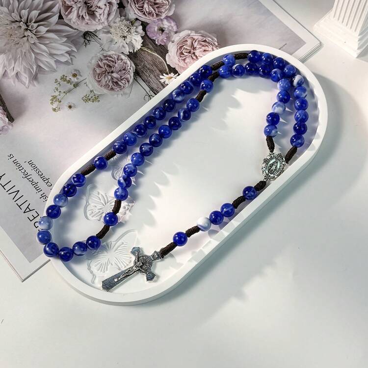 Handmade 59 Blue Beads Catholic Rosary Necklace With Cross Pendant, Women's Faith Jewelry Gift For Prayer Meditation - Blue - View 7