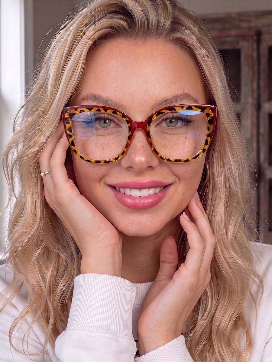 1對女款大框性感貓眼時尚街頭風裝飾透明鏡片眼鏡 - 紅豹紋 - 查看 1