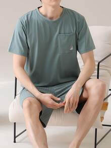 AICJ 男士純色休閒寬鬆極簡可穿搭春夏口袋圓領短袖格紋短褲居家睡衣套裝 2件組 - 薄荷綠 - 查看 5