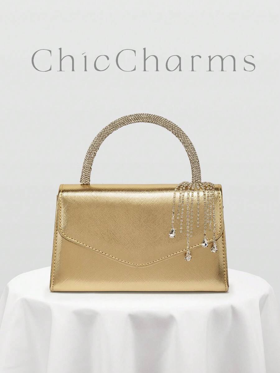 European & American Women's Minimalist Gold Evening Clutch Bag, Luxury Leather Texture Handbag With Glamorous Rhinestone Decor, Small Handheld Bag Suitable For Matching/Ball/Party/Wedding/Bride/Bridesmaid/Birthday Dress, Gift Bag For Women With Random Metal Chain Pattern