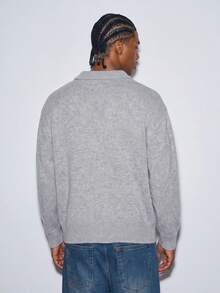 Modcrash Men's Fashion Letter Pattern Knit POLO Shirt, Simple Versatile Turn-Down Collar Long Sleeve Sweater, Suitable For Daily Casual And Office Commute Fall/Autumn/Winter - Grey - View 2