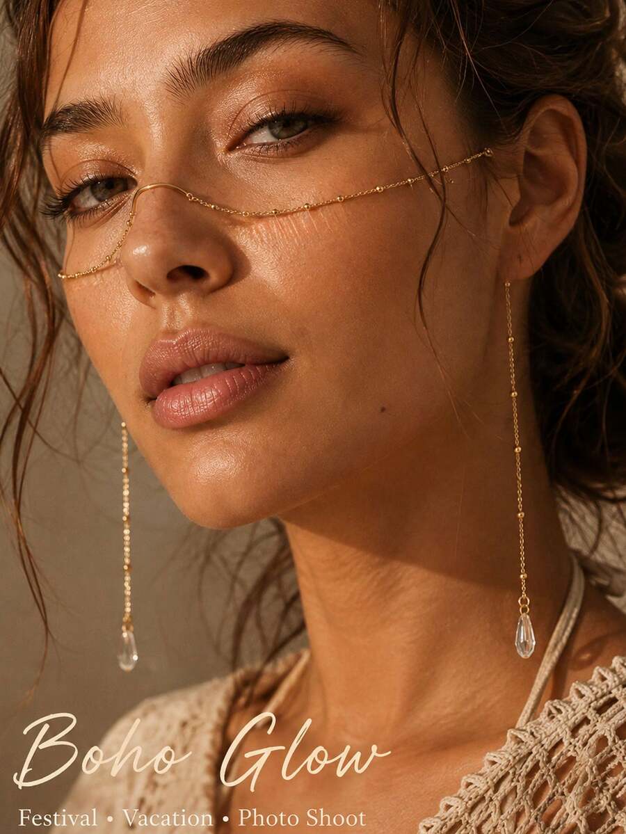 1pc Exquisite Crystal Teardrop Face Chain, Bohemian Tassel Nose Bridge Chain Jewelry, Women's Minimalist Masquerade Costume Accessory - Multicolor - View 1