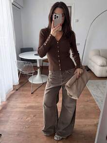 Áo cardigan len gân cổ chữ V nữ thu 2026, dáng ôm, tay dài, màu trơn, áo khoác/áo mặc trong đa năng cài nút đơn, áo len cơ bản đi làm - màu nâu - Xem 2