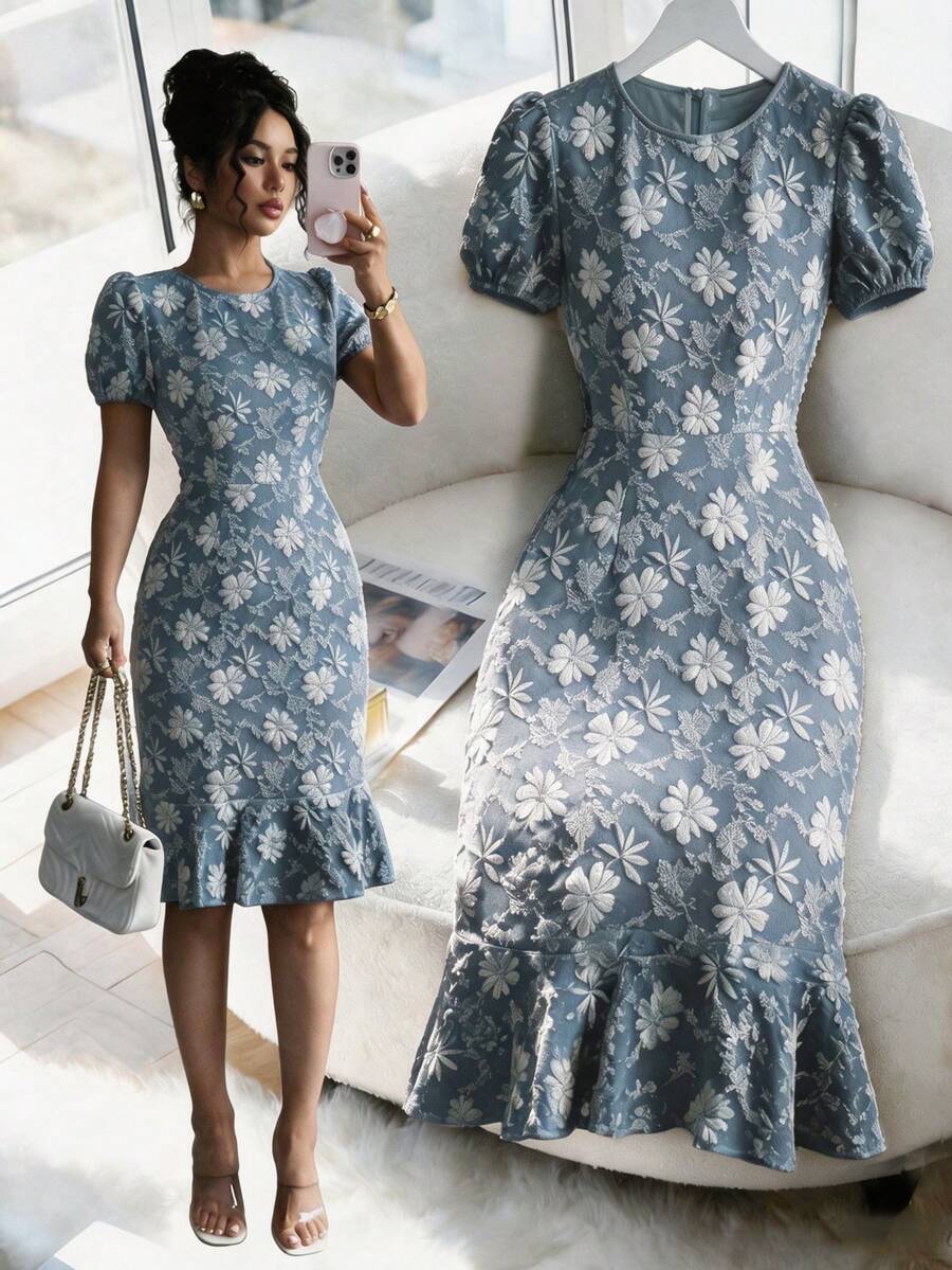 Women's Elegant Jacquard Round Neck Puff Sleeve Fitted Dress, Suitable For Commute And Daily Wear, Women's Dress, Women's Elegant Dress
