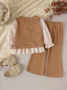 2pcs Baby Girl Cute White Bow Decor Striped Long Sleeve Top & Casual Flare Pants Set, Thin Spring/Autumn - Apricot - View 3
