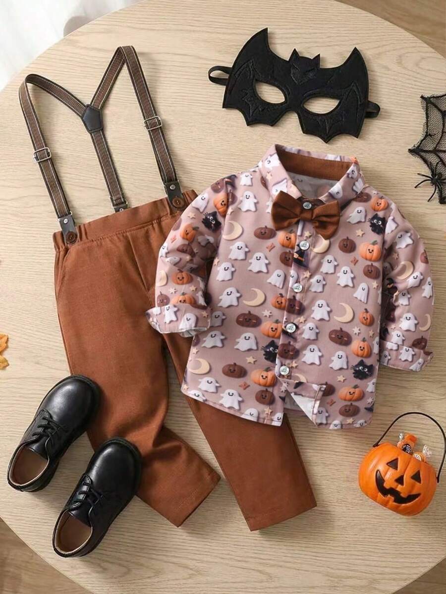 BOARNSEORL Young Boys Gentleman 2-Piece Suit Set, Pumpkin Cute Ghost Magic Hat Pattern Shirt With Bow Tie And Long Pants Suspenders, Fashionable Style For Birthday Party, Halloween Event, Formal Occasion - Khaki - View 1