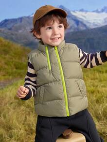 Balabala Stand‑Collar Kids Down Vest Lightweight Warm Sleeveless Outerwear Autumn Winter - Olive Green - View 3