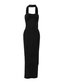 Women's Sexy Elegant Black Knit Bandeau Twisted Design Mid-Length Bodycon Dress, Suitable For Vacation, Party, Holiday, Gathering, Date, Evening, Cocktail, Graduation, Back To School, Valentine's Day, Christmas, Wedding Season And Other Formal Special Occasions - Black - View 11