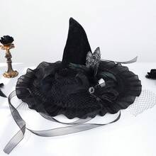 Halloween Gothic Black Velvet Witch Hat, Red Rose Lace Mesh Veil, Beaded Chain Tassel Ruby Decor, Cosplay Dark Bride Party Accessory - Black - View 4