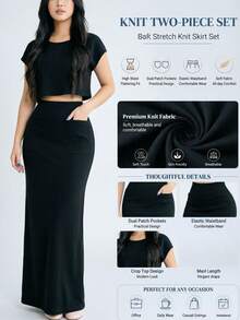 Set 2 Potong Wanita Musim Semi dan Panas Atasan Kerah Bulat Lengan Cap Kasual Elegan Warna Polos & Rok Saku Hitam - Hitam - View 7