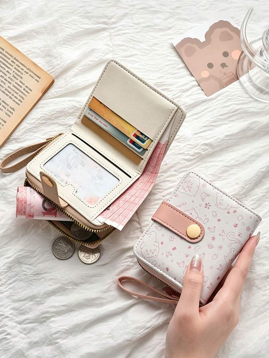 Minimalist Cute Cat Japanese Style Women's Snap Coin Purse, Multi-Functional Short Wallet For Cash And Credit Cards, Ultra-Thin Compact Cartoon Cat Pattern Storage Bag, Portable Design Suitable For Travel And Daily Use, Christmas Gift