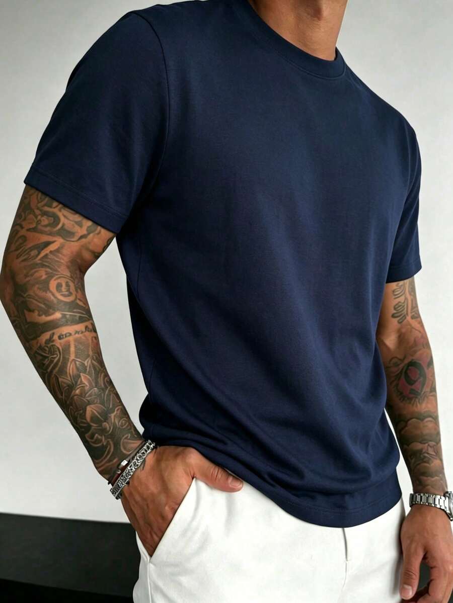 Father's Day Gift Summer Casual Versatile Comfortable Solid Color Round Neck Short Sleeve T-Shirt - Navy Blue - View 1
