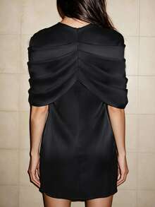 Autumn/Winter Solid Color Ruched Shawl Collar Long Sleeve Fitted Short Dress, Elegant Commute Date Street Style Afternoon Tea Party Dress, Black - Black - View 8