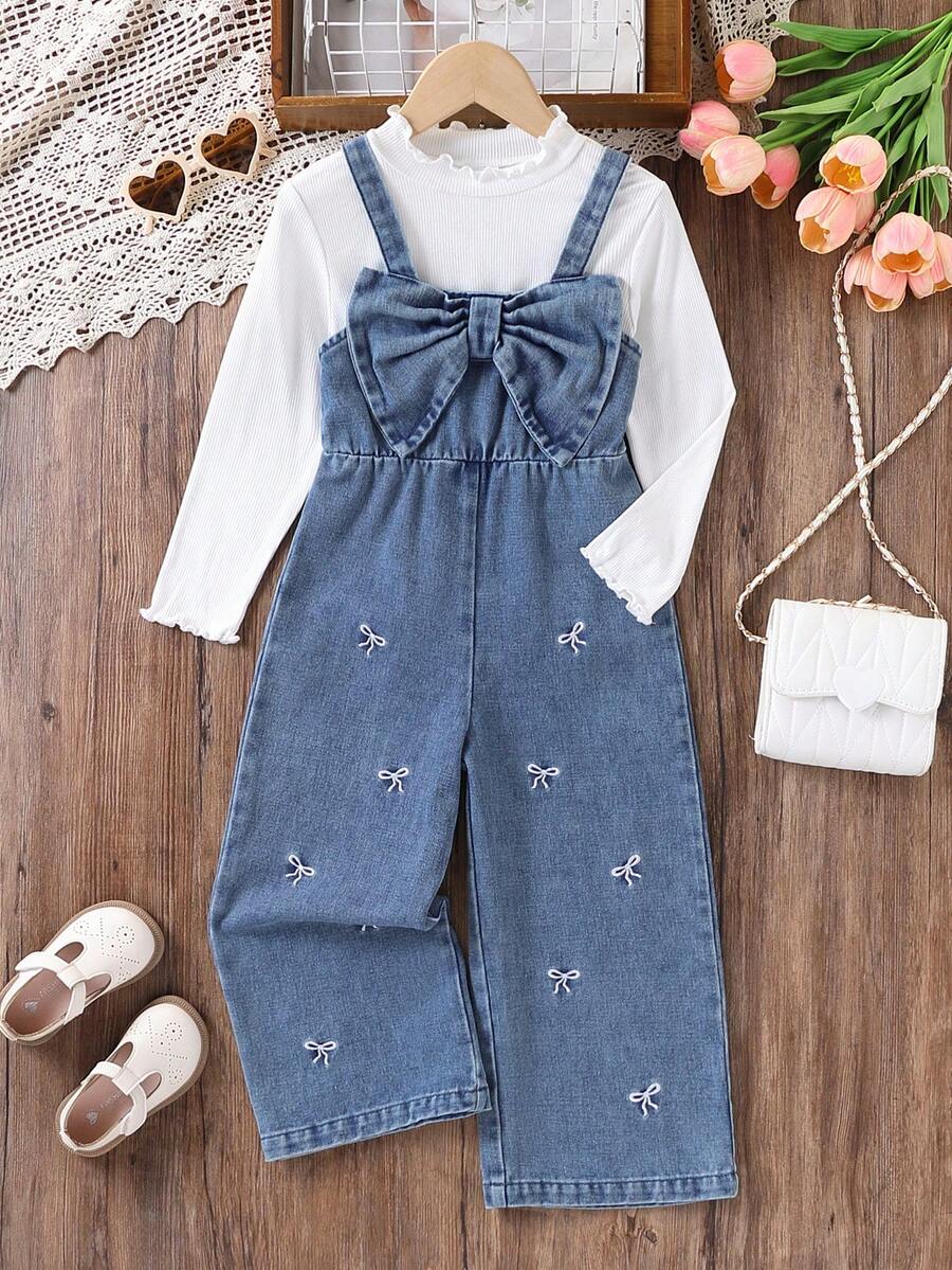 Girls' Big Bow Denim Overall Set, Loose Leg Bow Embroidery, Cute Fashion 2 Pieces Outfit - Blue and White - View 1