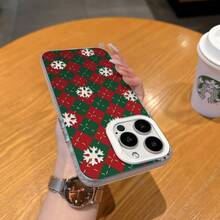 HANCAI 1pc Red & Green Christmas Argyle Snowflake Embroidery Print Phone Case, Large Window Lens Frame Full Coverage Soft Shell, Compatible With IPhone 17/17Pro/17ProMax/16/16Plus/16ProMax/16e/15ProMax/11/12/12Pro/12ProMax/13/13Pro/13ProMax/14/14Pro/14ProMax, Christmas Holiday Vibe Shockproof Phone Protective Cover - White Frame, Sand White - View 5