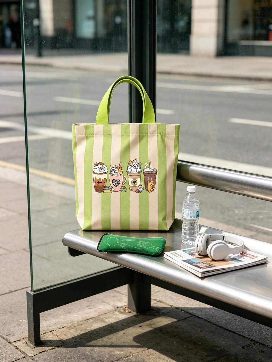 Striped Canvas Lunch Bag + Cutlery Storage Bag Set, Lightweight, Foldable, Easy To Clean, For Work, Commute, School Lunch, Picnic, Travel, Office Workers, Students, Commuters, Back To School, Commute Essentials, Birthday Gift - Multicolor - View 1