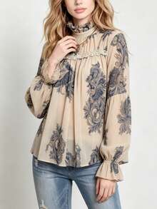 YUXIN Modern Elegant Women's Paisley Print Blouse, Ruffle Trim Faux Collar Lace Patchwork Bishop Sleeve Top, Autumn/Winter Daily Commute & Vacation Wear - Khaki - View 7