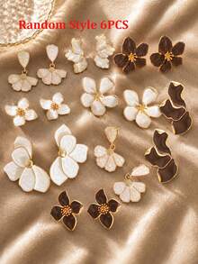 Random Style 6pcs/2pcs Simple Fashion Floral Drip Oil Earrings Set, Women's Sister Vacation Date Gift, Daily Casual Party Wedding Matching - Multicolor - View 6