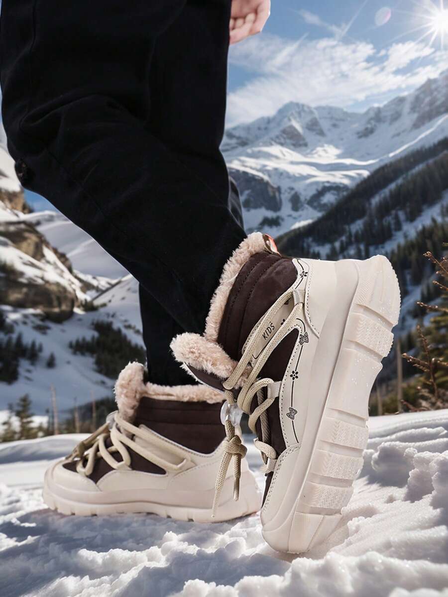1 Pair Kids PU Upper Thermal Lined Warm Mid-Top Lace-Up Outdoor Snow Boots For Winter, Christmas, Halloween - Khaki - View 1