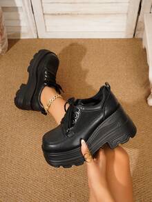 Women's Fashion Wedge Heel Thick Sole Lace-Up Breathable Square Toe Ballet Shoes - Black - View 2