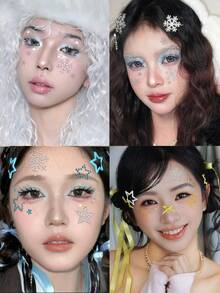 3D Realistic Multi-Particle Pentagram Butterfly Hexagon Snowflake Shiny Rhinestone Face Stickers For Women, Y2K Holiday Party Daily Makeup DIY Music Festival Ball Face Decor - Multicolor - View 5