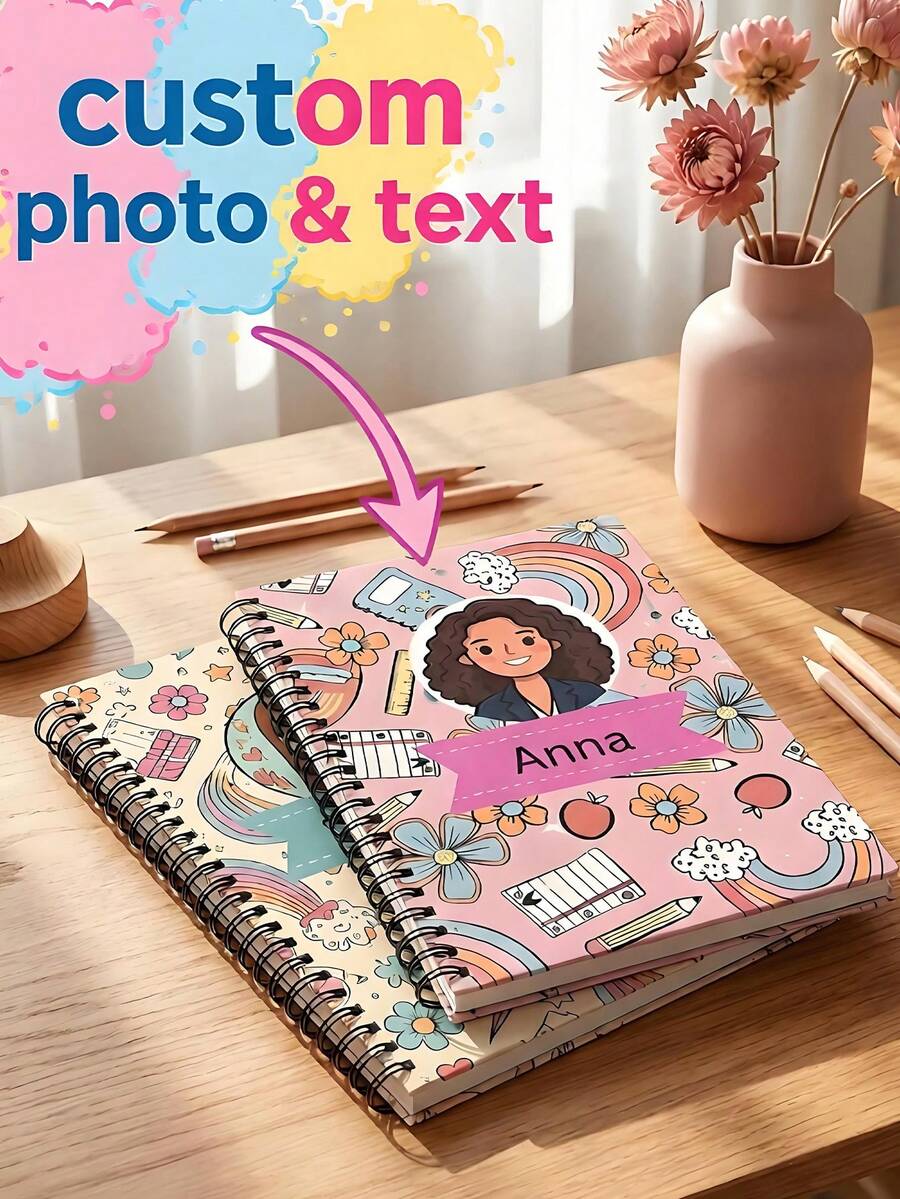 Personalized Custom Spiral Notebook, Personalized Name Diary Journal With Flowers & Rainbow Design, AI Cartoon Custom Photo & Name, For School Office Journaling, Perfect Holiday Birthday Gift - Multicolor 1 - View 1