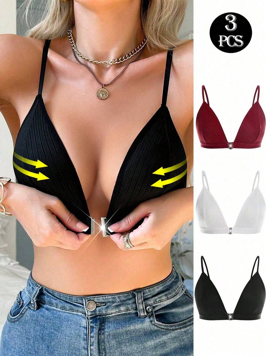 3pcs/Set Women's Striped Sexy Front Closure Comfortable Non-Wired Bra - Multicolor - View 1