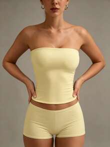 XLLAIS Sexy Strapless Basic Camisole, Fashionable Solid Color Elastic Fitted Tube Top, Suitable For Women All Seasons Casual Summer Yellow, Y2K Aesthetic - Yellow - View 7