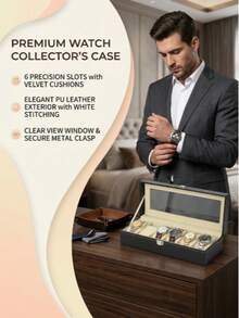 Luxury Classic PU Leather 6-Slot Watch Display Box | Men's Watch Collection Storage Box With Transparent Glass Lid And Velvet Lining, Suitable For Vanity Display, Ideal Gift For Watch Enthusiasts - Multicolor - View 7