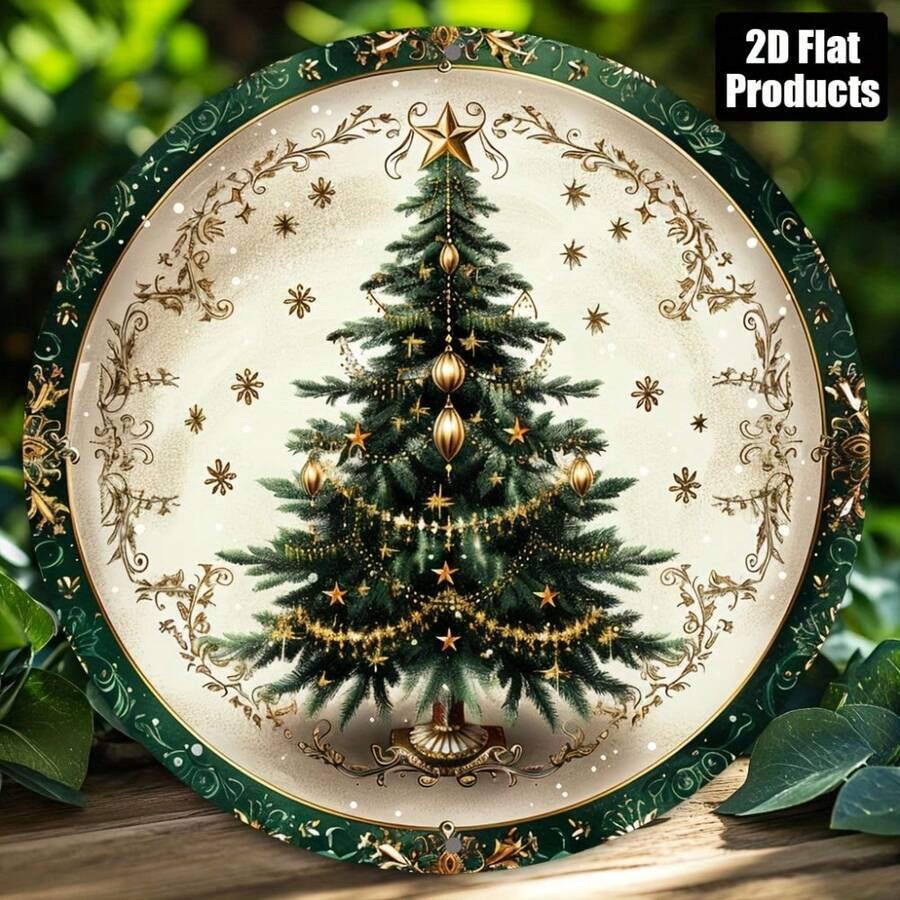 2D Flat - 1pc Vintage Christmas Tree Iron Wall Decor, 8X8 Inch Round Metal Sign With Elegant Border And Star Design, Holiday Decoration For Home, Office, Kitchen, Living Room - Multi-Purpose, No Electricity Required, Christmas Home Decor