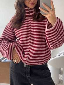 女款時尚條紋拼接配色拉鍊長袖針織開襟衫 - 紅色 - 查看 3