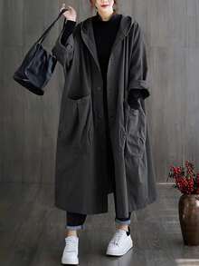Women's Spring/Summer Artistic Chinese Style Oversized Lightweight Fabric Sheer Ultra-Thin Long Trench Coat With Large Pockets, Fashionable Button Front, Hooded Casual Versatile Jacket - Dark Grey - View 8