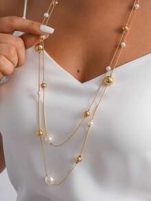 Fashion Faux Pearl Beaded Layered Geometric Necklace. Fashion High-End Sweater Chain. Small And Simple Accessory For Women. - Necklace - View 2